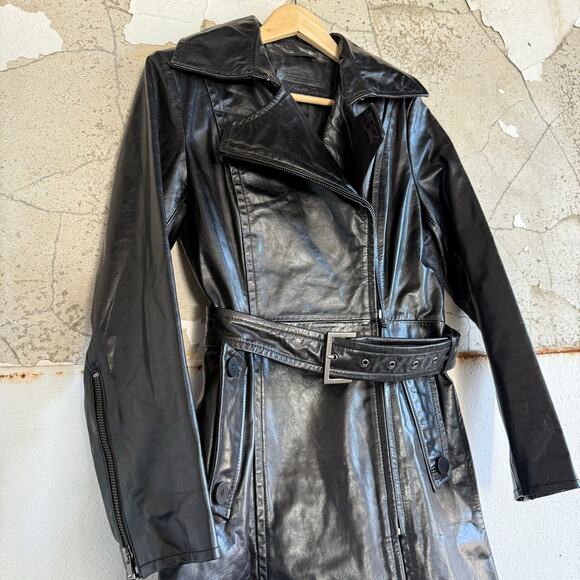 Kenneth Cole New York Genuine Leather Trench Coat Black Belted Jacket Womens S - Picture 6 of 9